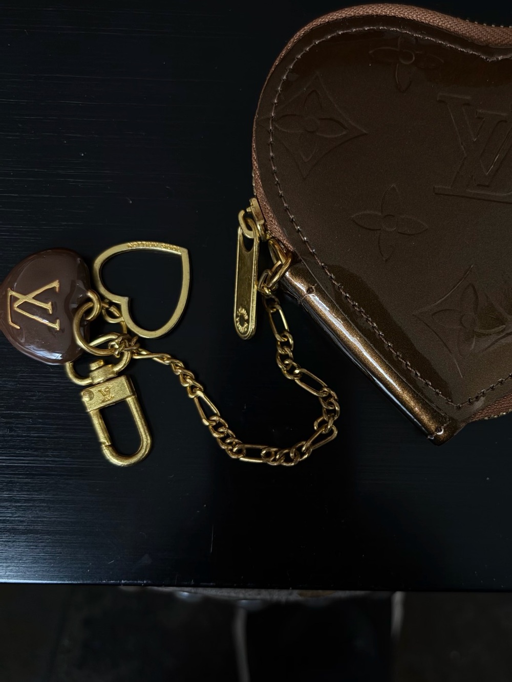 Louis Vuitton Brown Heart Coin Purse Key Charm with Gold Hardware